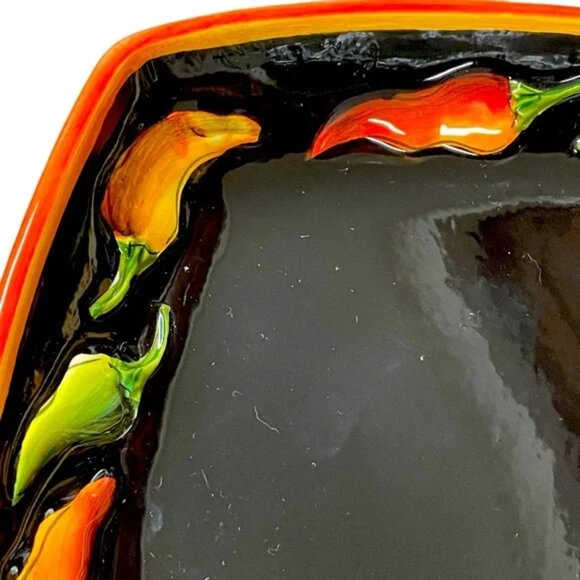 CLAY ART Jalapeño PLATE Hot Pepper Black orange yellow green fiesta 1” d x 8” sq - Picture 7 of 13